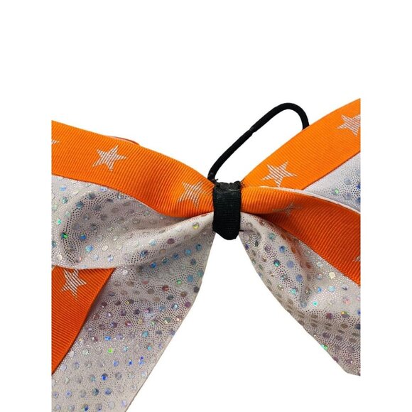 Girls Oversize Hair Bow 8" Elastic Ponytail Silver Orange Star Print - Picture 9 of 16